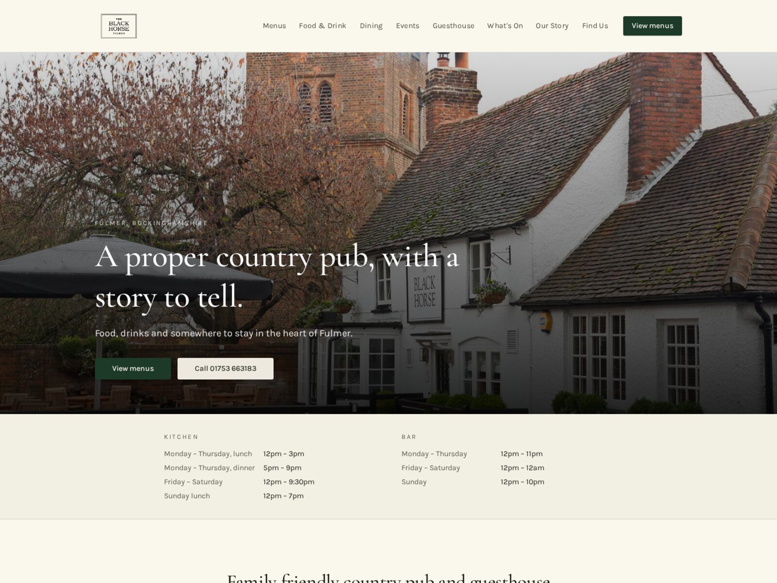 Homepage of The Black Horse, Fulmer website