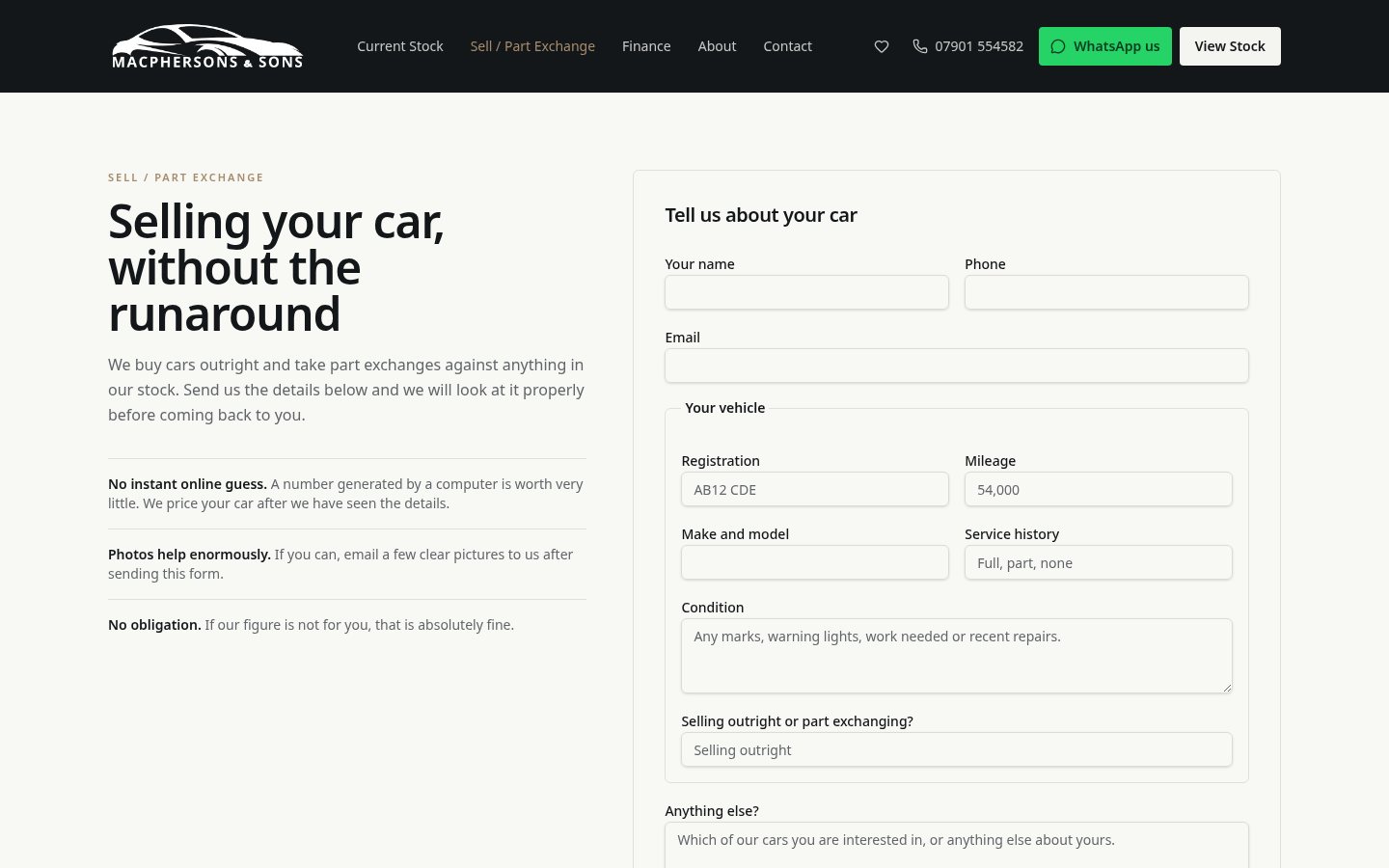 Macphersons & Sons sell your car page