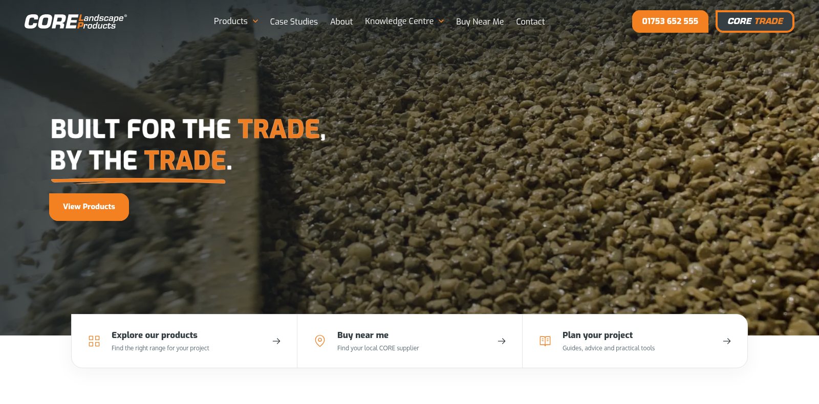 CORE Landscape Products homepage, headline "Built for the trade, by the trade."