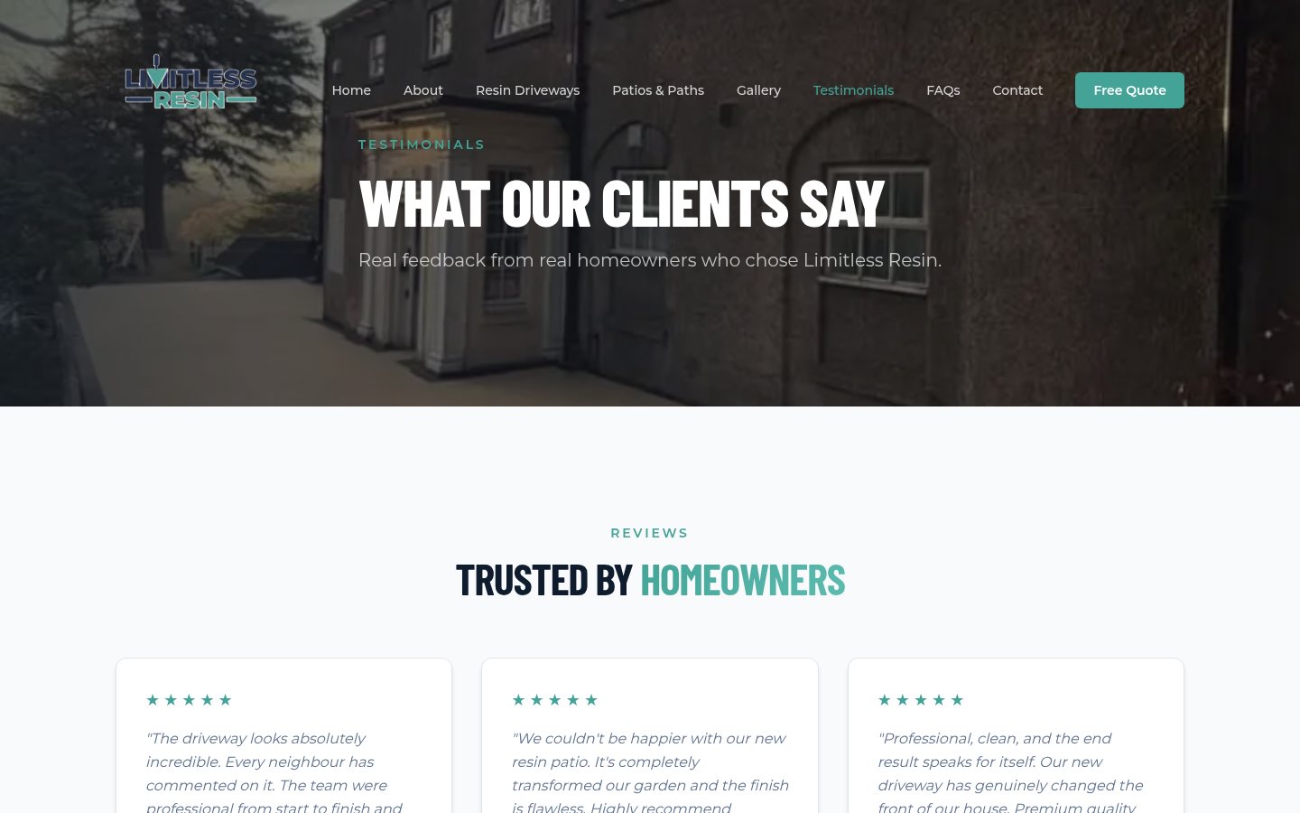Limitless Resin testimonials page