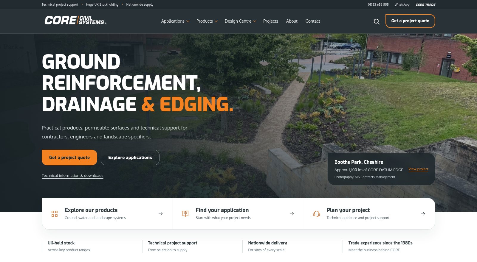 CORE Civil Systems homepage, headline "Ground reinforcement, drainage & edging."