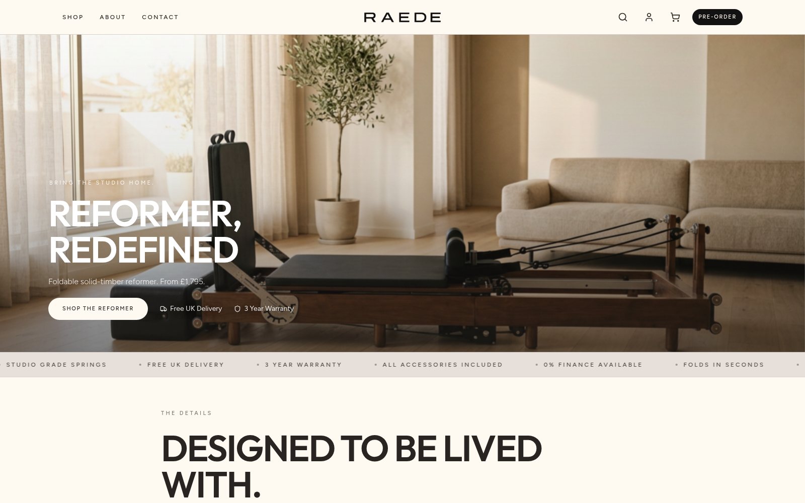 Raede homepage, the reformer in a sunlit living room under the headline "Reformer, redefined"